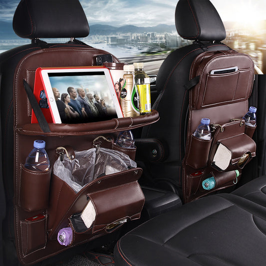 Leather car seat organizer with tablet holder and drink storage for a clutter-free ride.