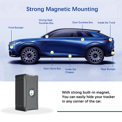 Real time GPS tracker for car with strong magnetic mounting for hidden placement in various locations.