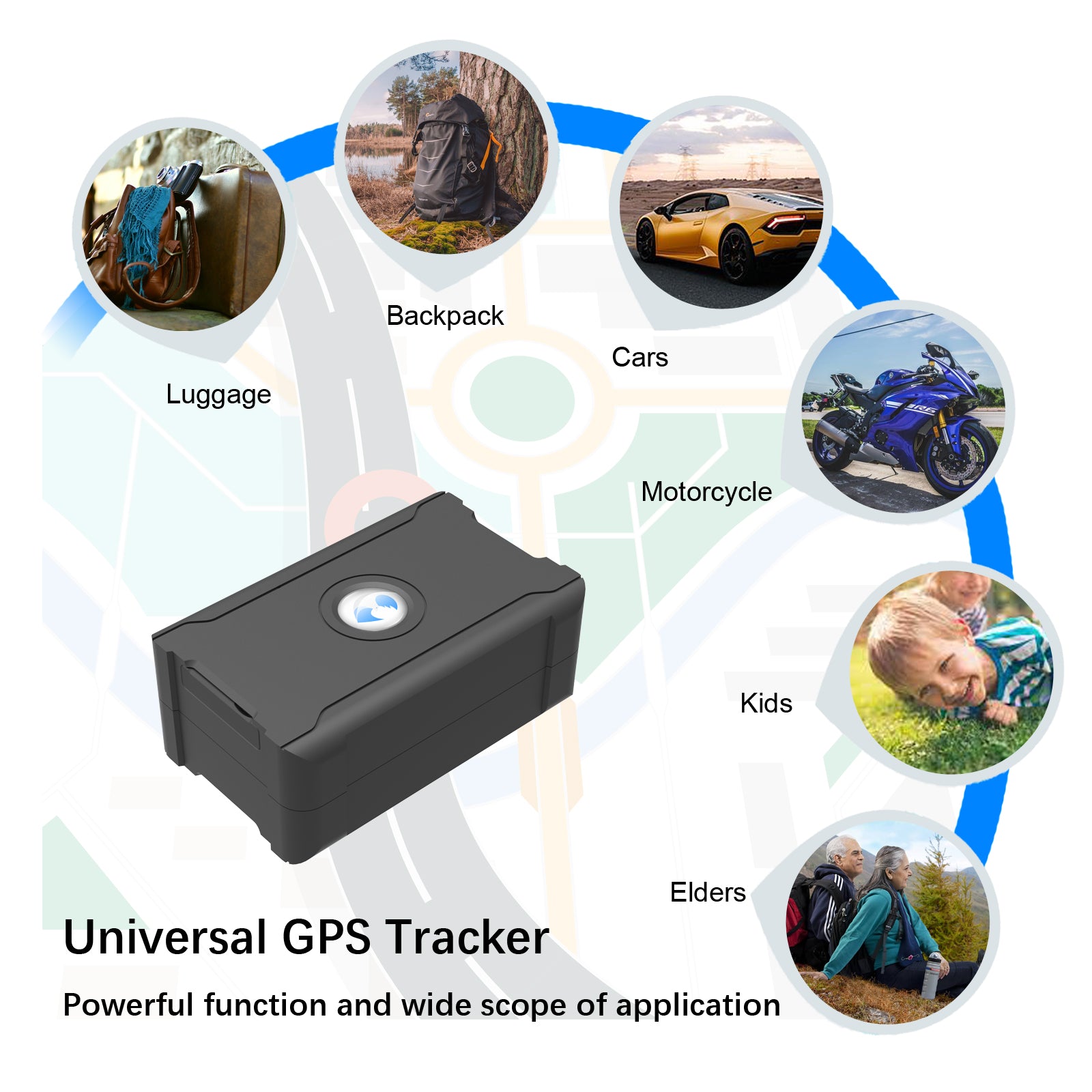 real time GPS tracker for car shown on a map with applications for luggage, backpack, motorcycle, cars, kids, and elders.