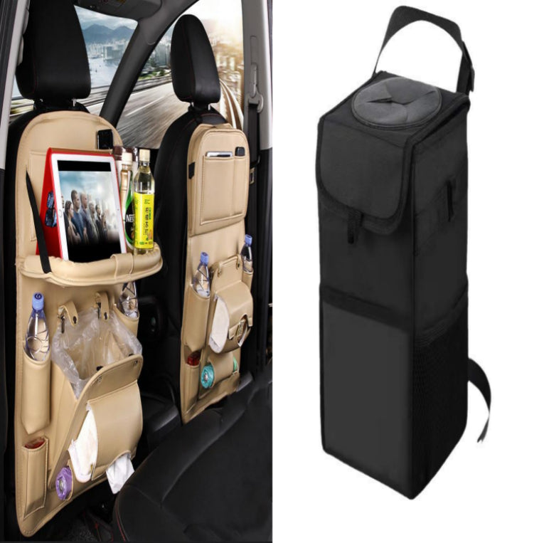 Leather car seat organizer with tablet holder and drink storage for a clutter-free ride.