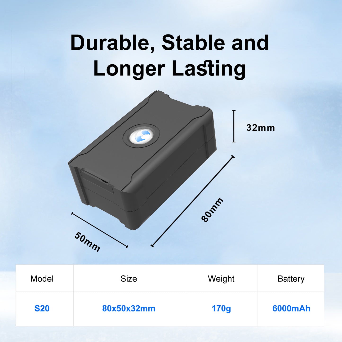 real time GPS tracker for car, durable and stable design with specs: S20 model, 80x50x32mm size, 170g weight, 6000mAh battery.