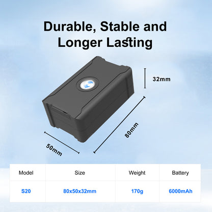 real time GPS tracker for car, durable and stable design with specs: S20 model, 80x50x32mm size, 170g weight, 6000mAh battery.